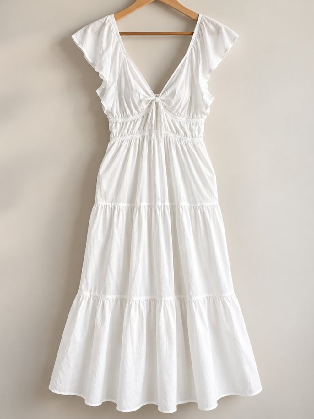 June & Hudson White Tiered Maxi Dress XL NWT Tie Front Flutter Sleeve
